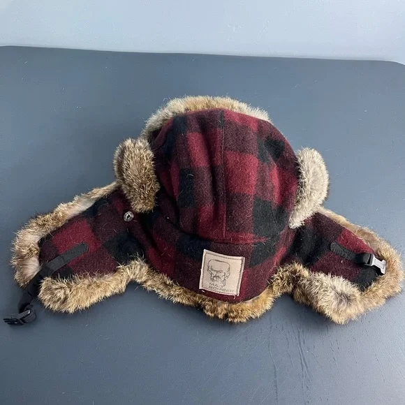 Mad bomber maroon plaid bomber hat with rabbit fur - Picture 5 of 8